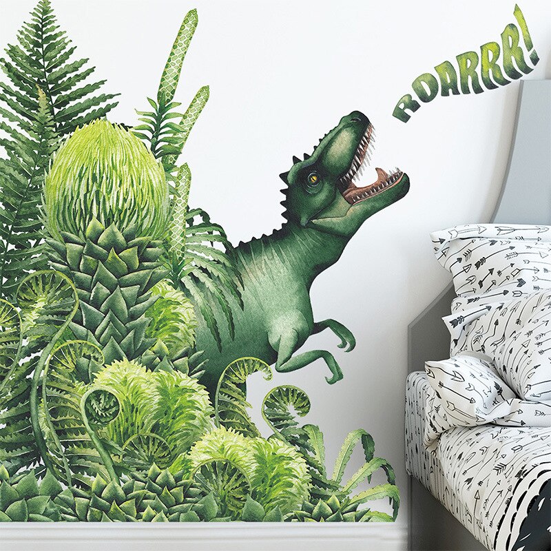 Tropical Green Plant Dinosaur Wall Stickers Children's Bedroom Wall Stickers Nursery Dinosaur Wall Decoration Art Wallpaper