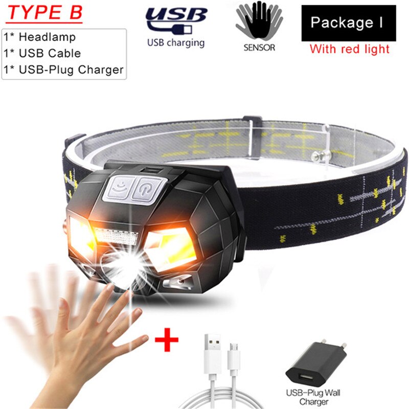 Meest Krachtige Led Koplamp T6 + Cob Led Oplaadbare Body Motion Sensor Zaklamp Head Light Fakkel Lamp Met Usb Camping vis: Package I
