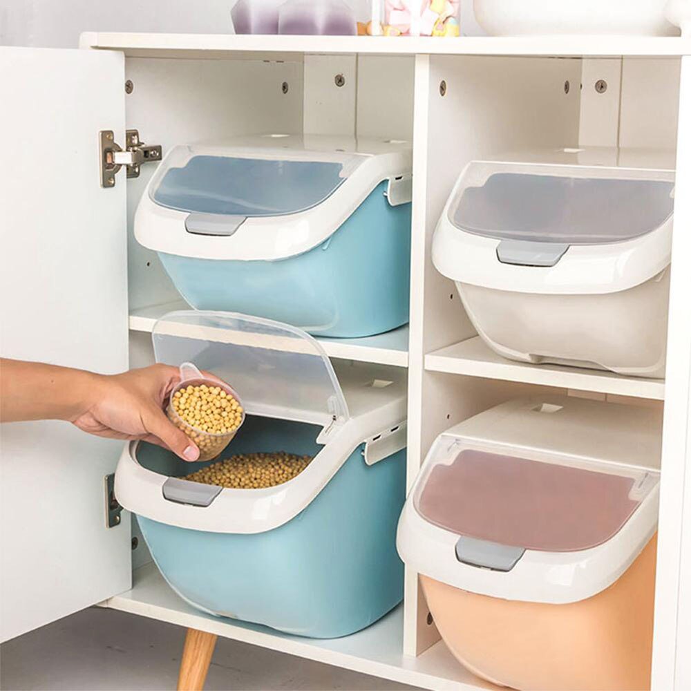Cubo alimentador de plástico para perros y gatos, contenedor de comida fresca de gran capacidad, almacenamiento en seco antioxidante, barril y taza medidora