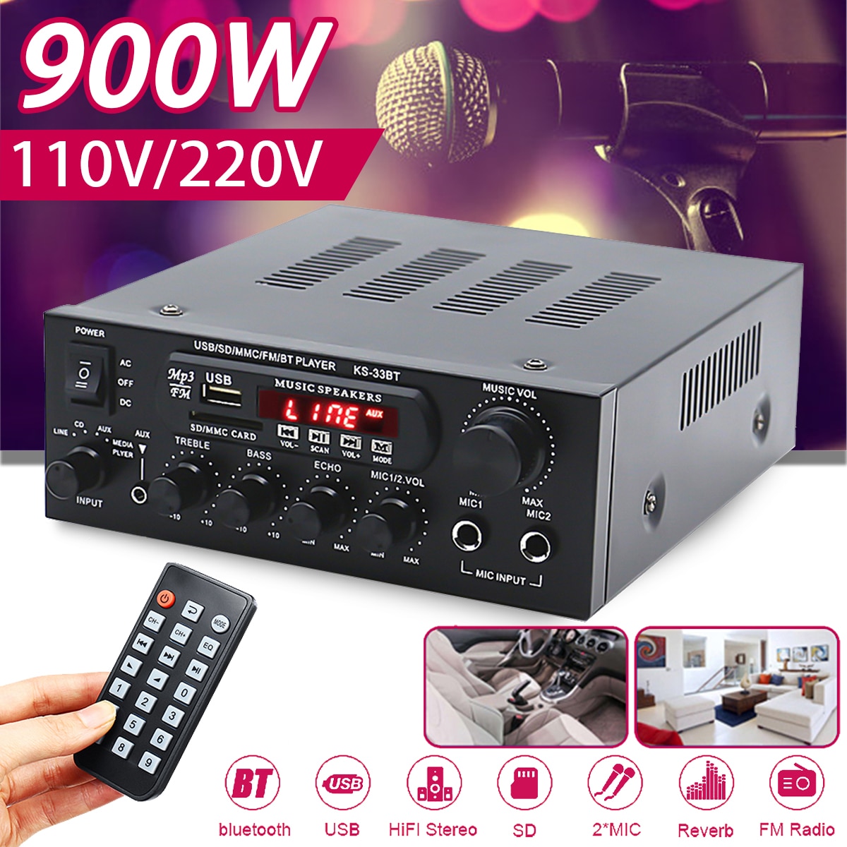 110V-220V 1000W Digital Display Hifi Power Amplifier Audio Bluetooth Amplifier 2 Channel FM USB SD Remote Control Mic Support