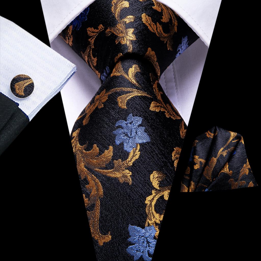 Hi-Tie-Corbata de boda de seda negra con Floral dorado para hombre, corbata de boda con de , para negocios,