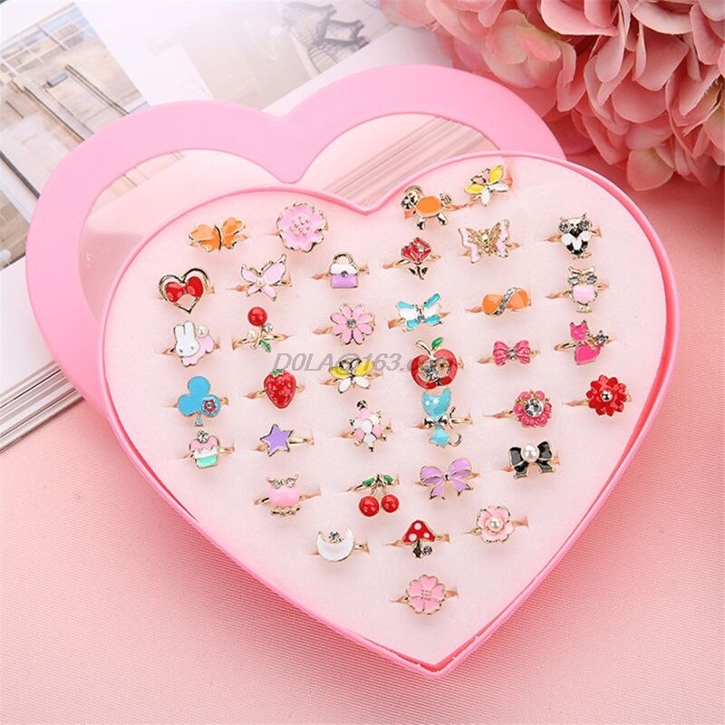 12/36 Pcs/Box Verstelbare Legering Baby Meisje Ringen Met Hart Vormige Showcase: 36Pcs