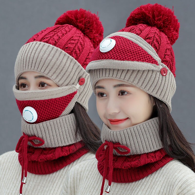 Mode Winter Muts Sjaal Masker Set Voor Vrouwen Meisjes Warme Mutsen Ademen Sjaal Pompoms Gebreide Caps Sjaal Gorro beanie