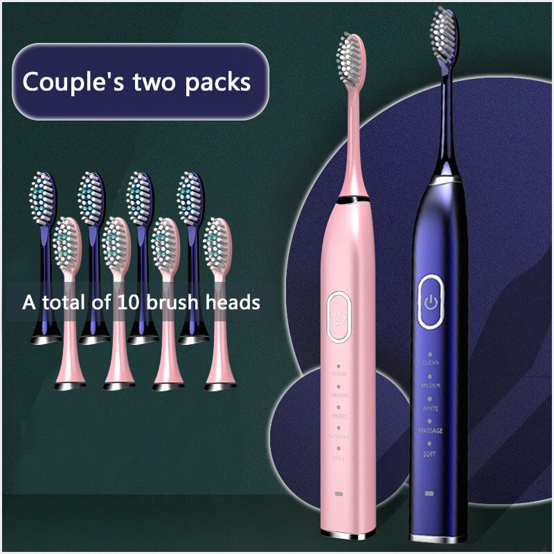 Xiaomi mijia escova de dentes elétrica ultra sônica adulto cronometrado 5 modo carregador usb recarregável substituição conjunto cabeça: Lovers pink blue