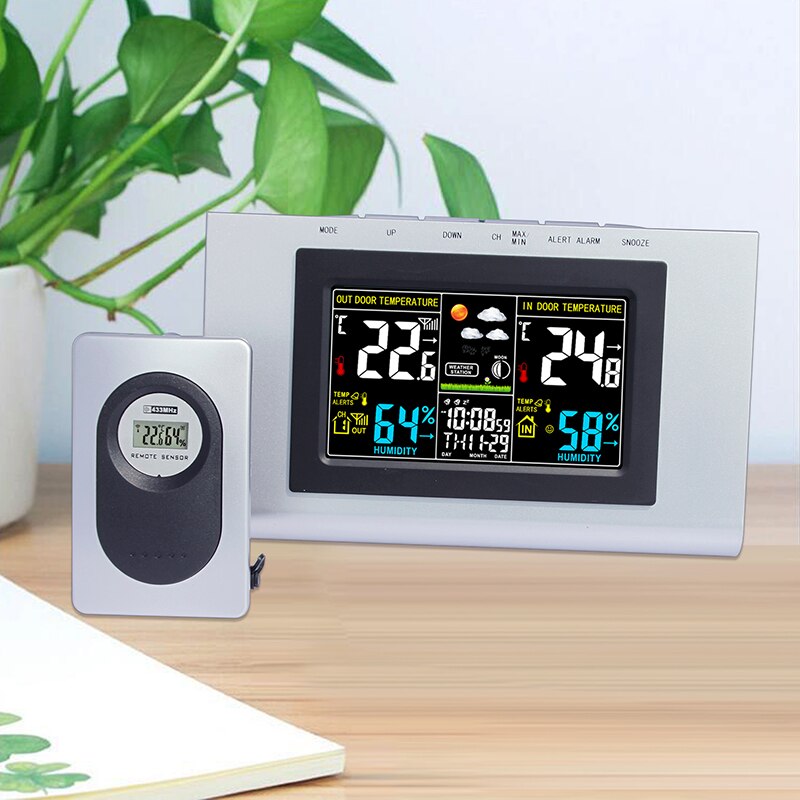 JIMEIH127G-COLOR-1 Draadloze Elektronische Kleurrijke LCD Display Indoor Outdoor thermo-hygrometer Weerstation Klok met Adapter