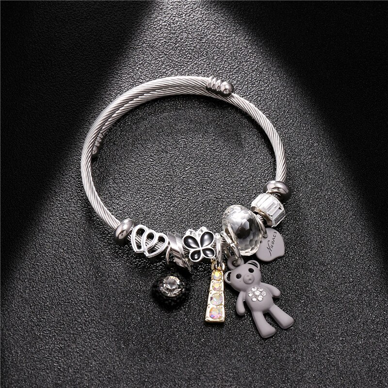 Bracelets &amp; Bangles Stainless Steel DIY Jewelry Big Pink Bear Pendant Hearts Love Women&#39;s Bracelet Cuff Charms Pulseras