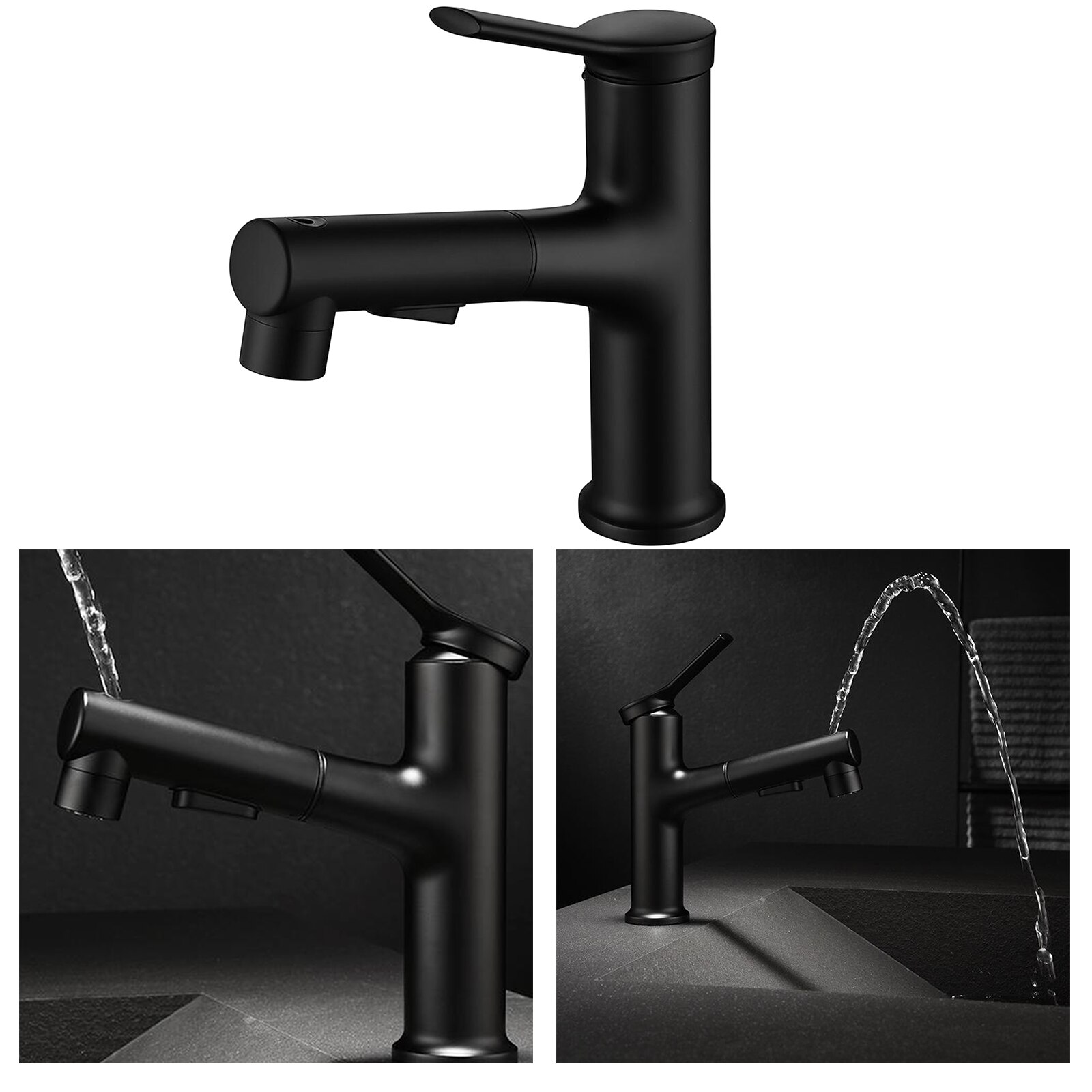 Bathroom Pull Out Faucet Sink with Sprayer, Single Handle One Hole Basin Mixer: Black