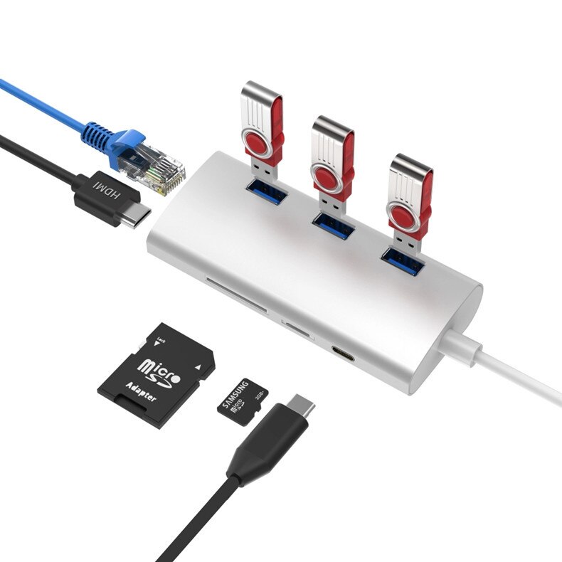USB-C Hub for MacBook/Samsung Galaxy - HDMI 4K, RJ45, Thunderbolt 3, USB 3.0, Card Reader, PD: USB C 8IN1 White 07