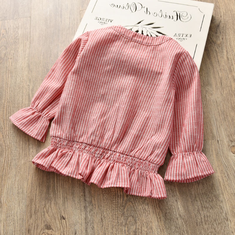 Blusa de encaje con volantes para niña, camisa de manga larga de algodón a rayas para niño, tops, prendas de vestir para niño de 2 a 8 años