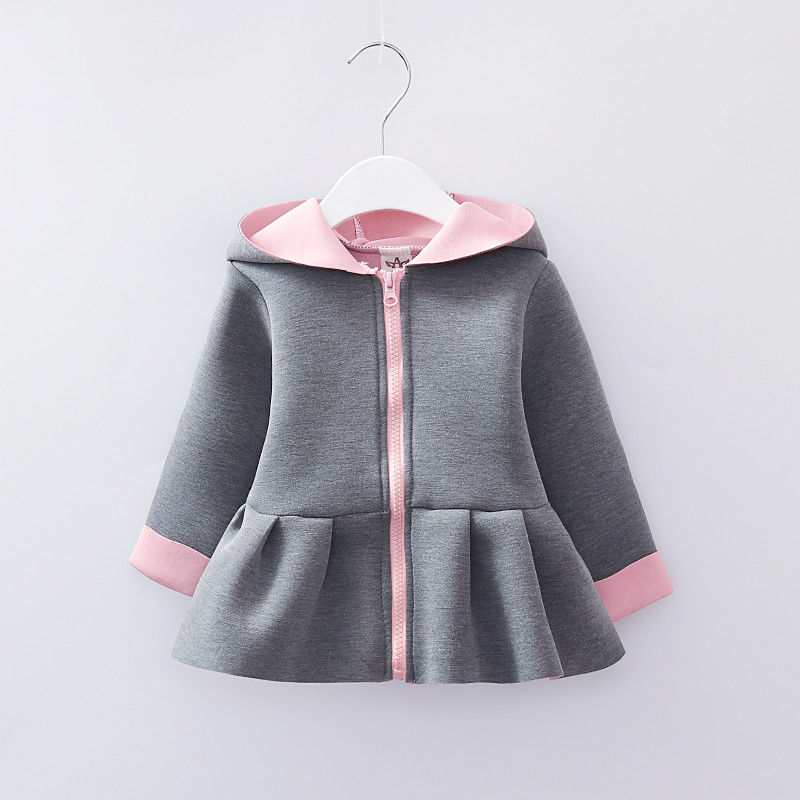 Baby Meisje 3D Cartoon Konijn Oor Patchwork Rits Hoodies Jas Ruche Herfst Winter Jas Uitloper Baby Meisje Kleding: Grijs / 18m