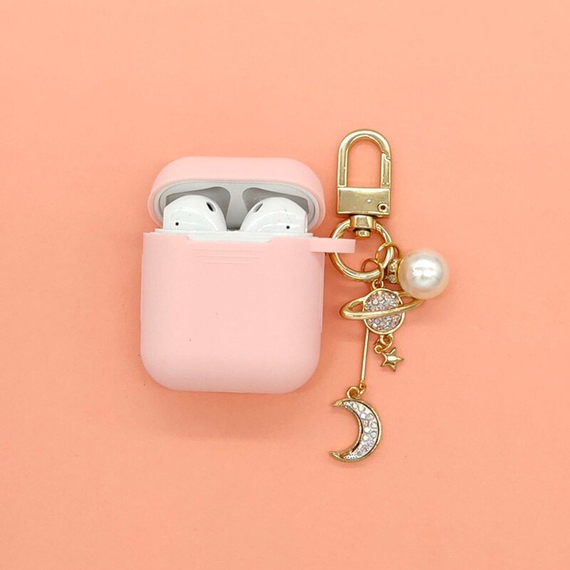 Luxury Diamond Moon Silicone Case for Apple Airpods Case Accessories Bluetooth Earphone Headphones Protect Cover Pearl Key Ring: Pink