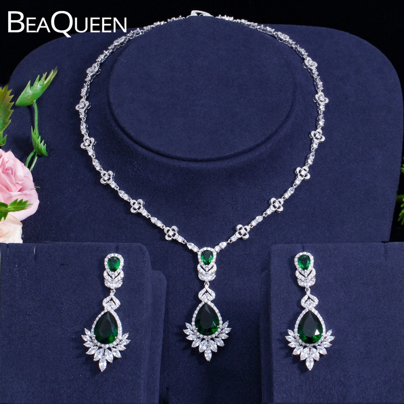 Beaqueen Gorgeous Teardrop Green Cz Crystal Wedding Earring Ketting Jurk Sieraden Sets Met Marquise Zirconia JS001