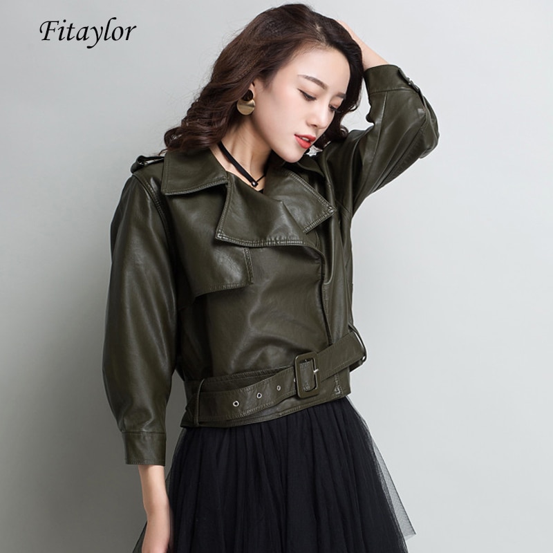 GETADME Fitaylor New Spring Autumn Vintage Moto Biker Pu Short Coat Women High Street Loose Lapel Zipper Faux Leather Jacket with Belt
