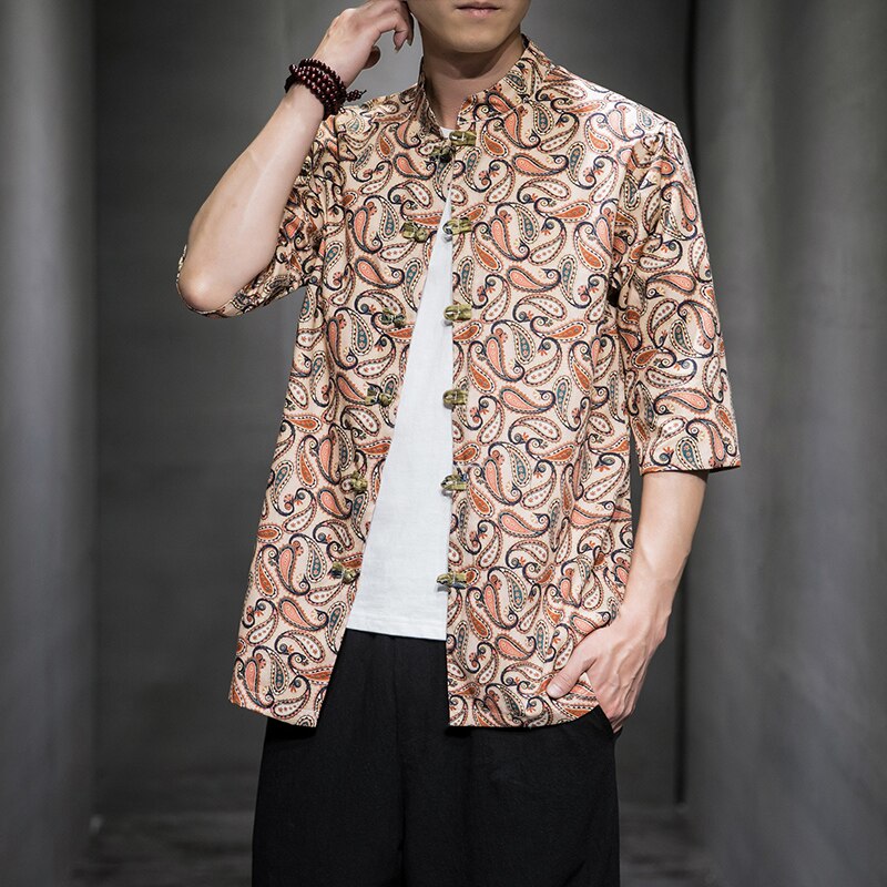 Mens Hemden Kleid der Halben Hülse verlieren passen Sommer Männer Chinesischen Hemd Blume Gedruckt Cheongsam Männer Jahrgang Chinesische Kung Fu hemd