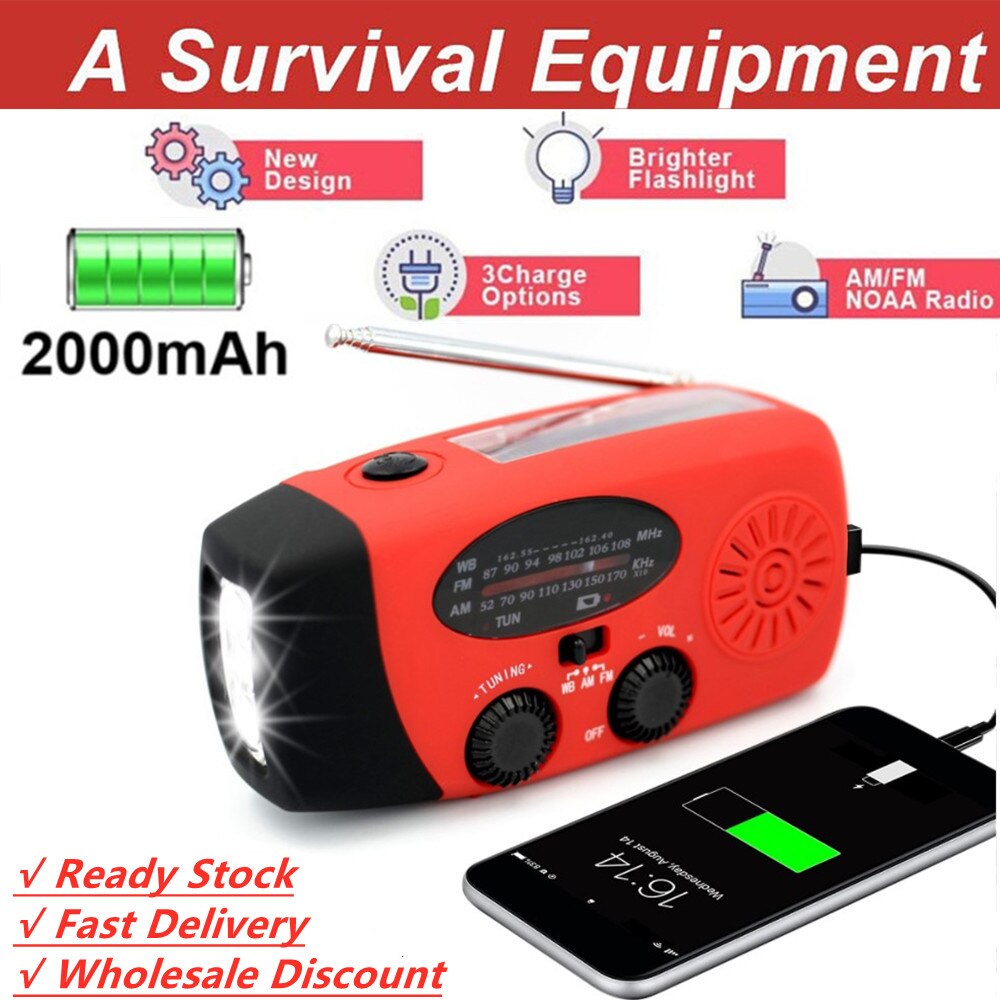 Ready Stock 2000mAh Hand Crank Solar Radios Dynamo Powered AM/FM/NOAA Weather Radio Use Emergency LED Flashlight Power Bank