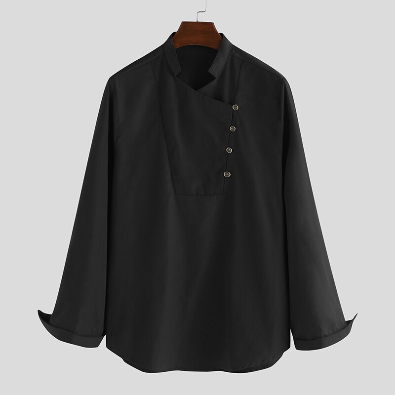 Män vintage skjorta långärmad indiska kläder stativ krage streetwear muslimska toppar solida fritidsskjortor kurtas incerun s -5xl: Svart / 5xl