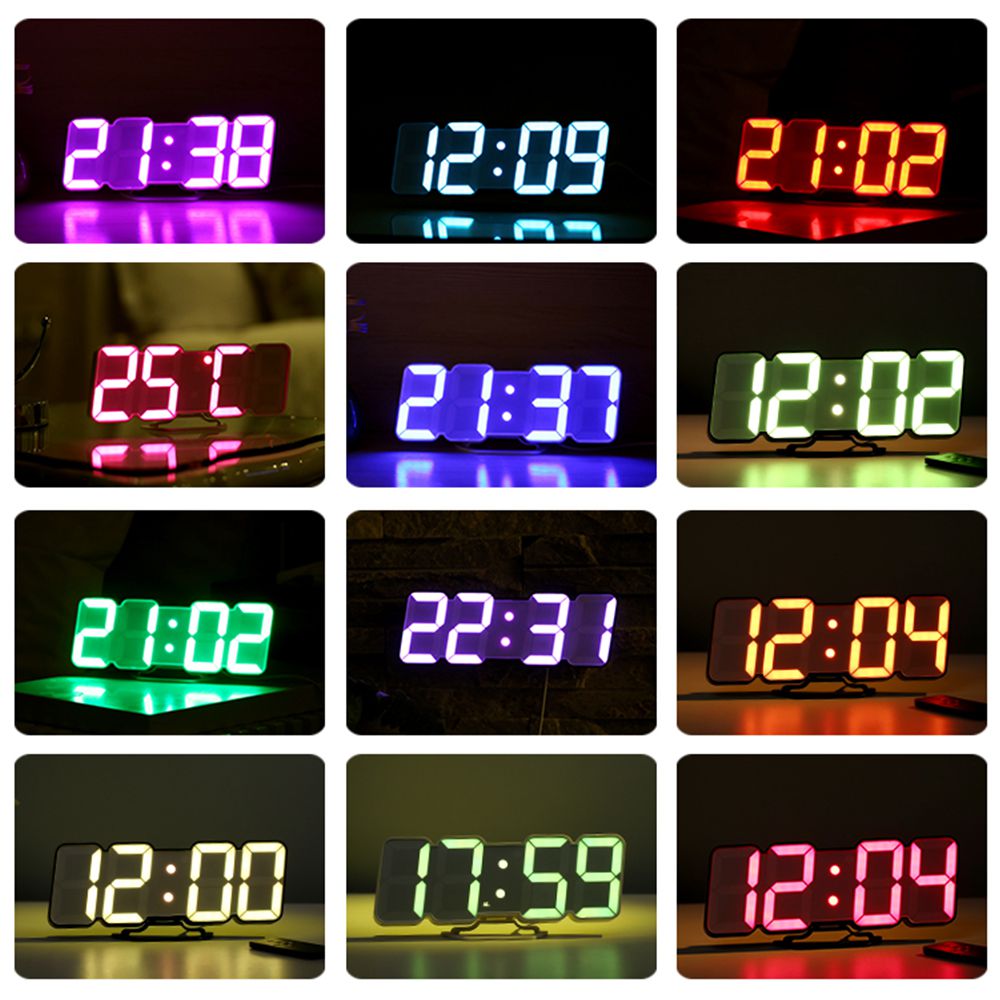 115 RGB Color 3D LED Digital Clock Wall Clock Snooze Desk Alarm Clocks 12/24 Hour Calendar Thermometer Voice Remote Controller