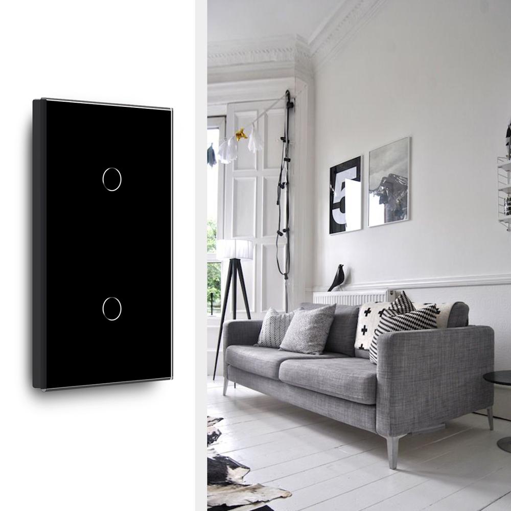 Bseed Eu 2 Gang 1 Manier 2 Way Muur Touch Schakelaar 157Mm Lichtschakelaar Wit Zwart Gouden Kristal Klasse panel 3 Kleuren Schakelaar