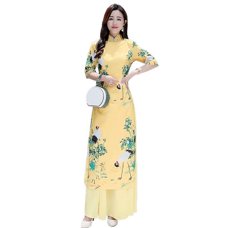 Asian long Qiapo maxi dress Chinese style yellow Ao Dai for women