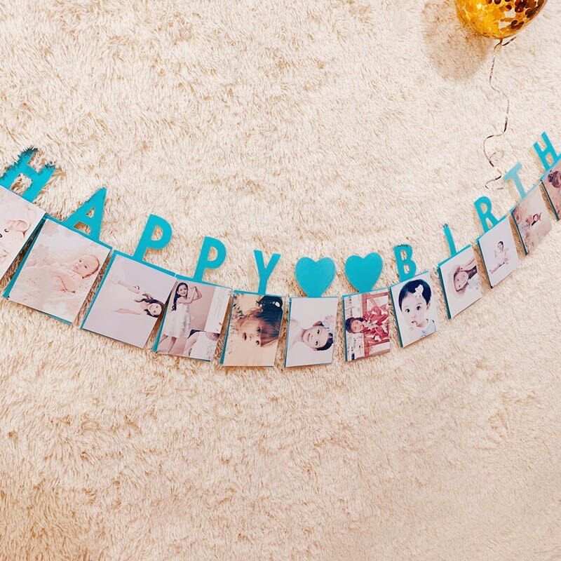 Happy Birthday Photo Frame Banner First Party Decorations 1st Baby Boy Girl My 1 One Year Paper Garland Supplies Blue 12 Months: blue
