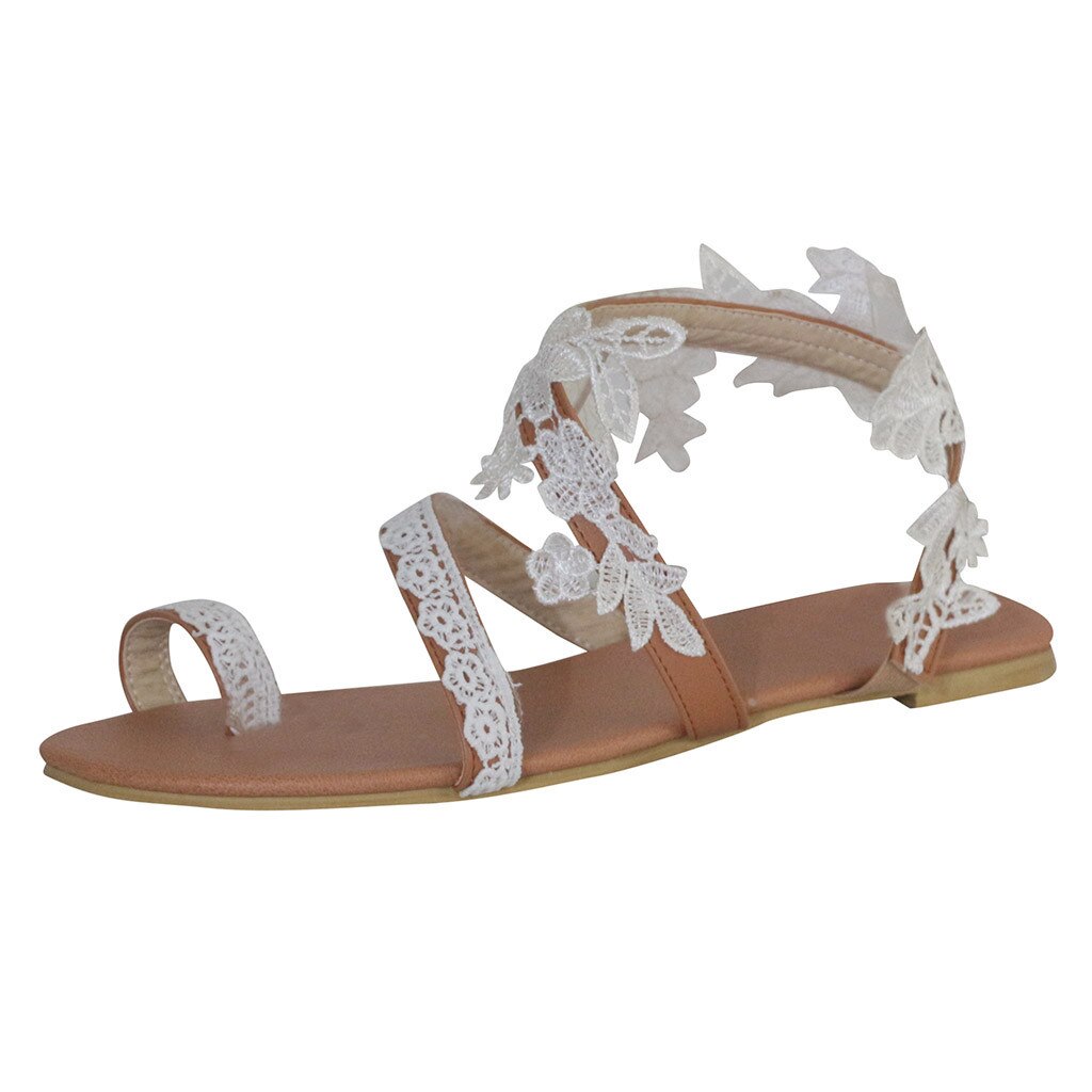 Vrouwen Platte Schoenen Zomer Bohemian Gladiator Romeinse Sandaal Kanten Bandjes Bloemen Stijl Sandalias Mujer Wit Vrouwelijke Strand Schoenen