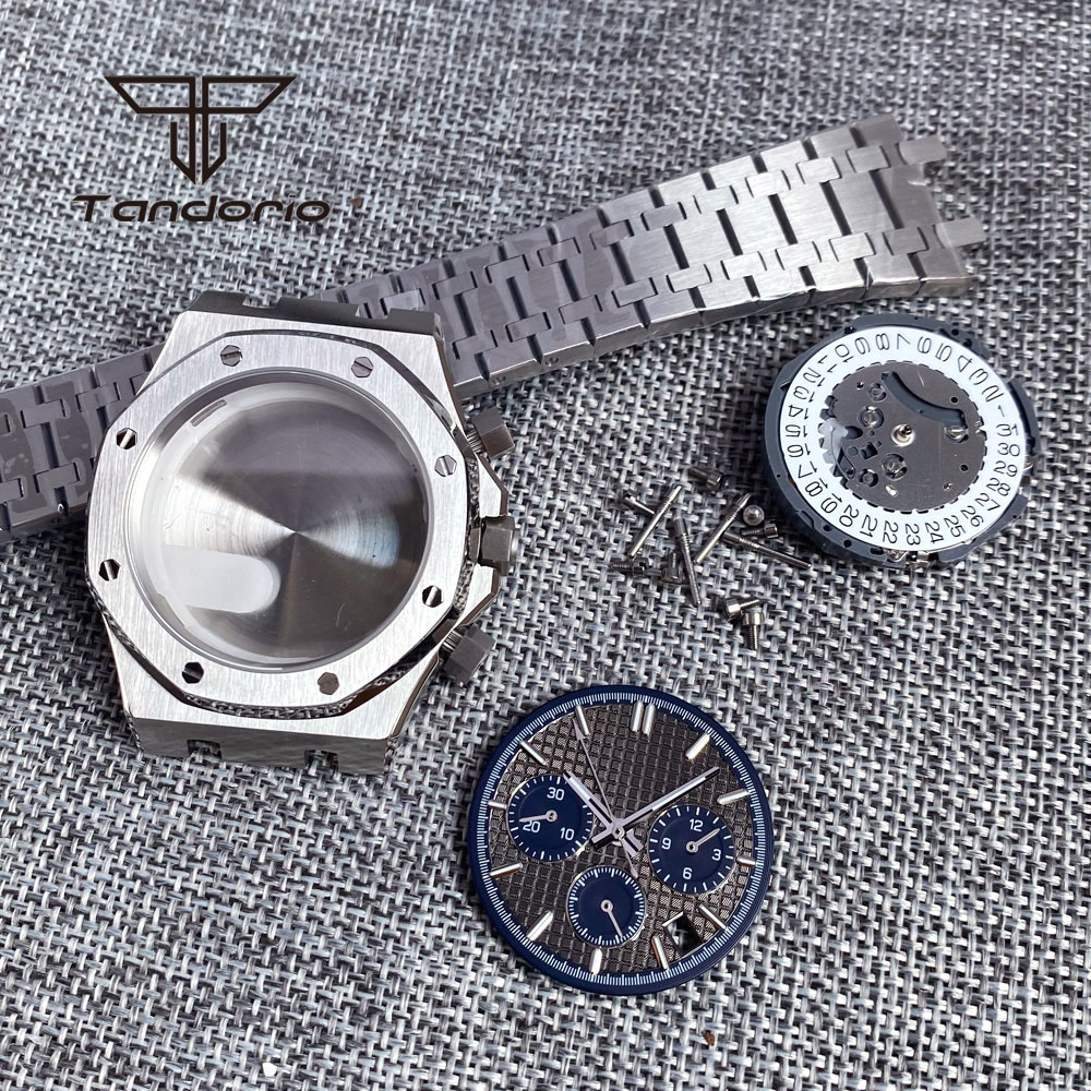 Roestvrijstalen Geborsteld 42Mm Horlogekast Armband Achtkant Bezel Saffier Crystal Fit Vk63 Vk64 Chronograaf Quartz Uurwerk