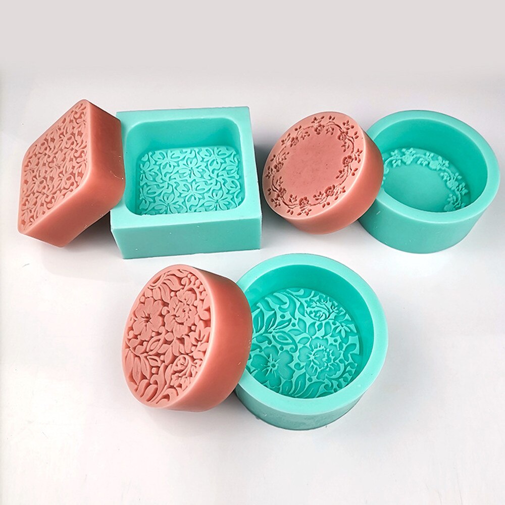 Padrão de flor artesanal sabão silicone molde diy esculpido quadrado redondo fazendo sabão silicone molde chocolate bolo ferramentas decoração