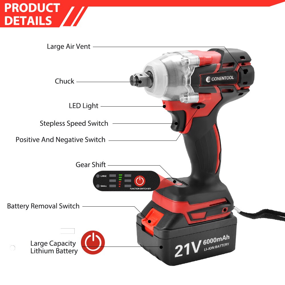 CONENTOOL Brushless Cordless Wrench 21V Power Tool 6000mAh Battery For Makita Rechargeable Battery Impact Wrench LED Light