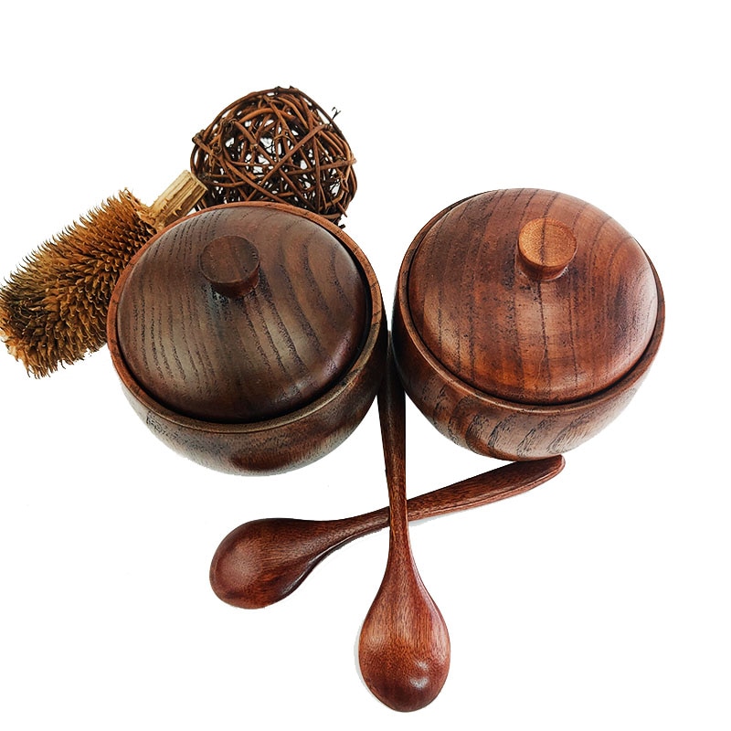 Eco-Friendly Wooden spice jar salt and pepper Seasoning Jar Natural Spice Tank with Lid and Spoon Seasoning Container Kitchen