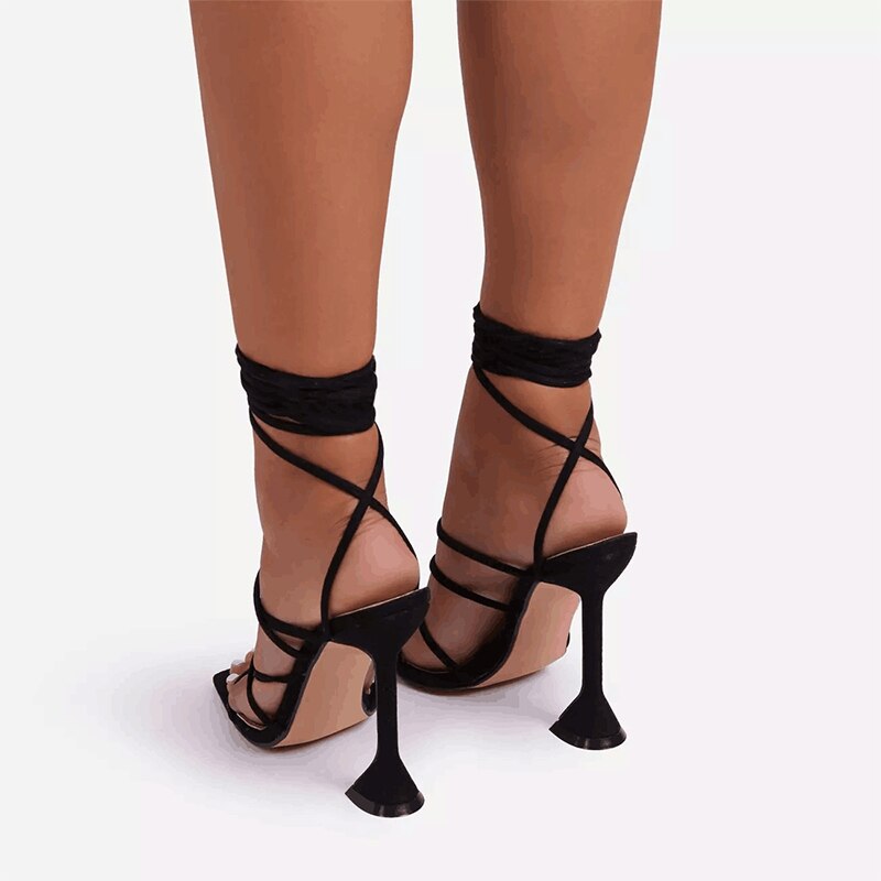 femmes gladiateur Sexy été coupe talons sandales dames bride à la cheville croix liée fête chaussures femme décontracté carré orteil chaussures