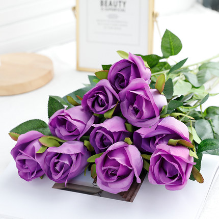 10 pc/ set 50 cm champagne ros blommor bunt röda rosor konstgjord blombukett bröllop bord dekor heminredning: Lila 1
