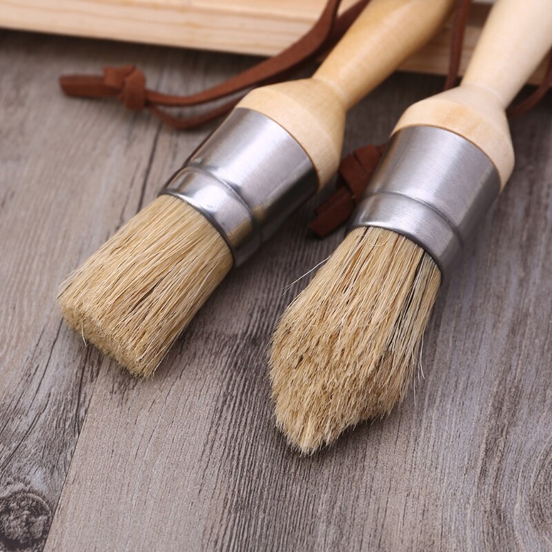 2Pcs Round and Pointed Chalk Paint Wax Brush Ergonomic Wood Handle Bristle Brush