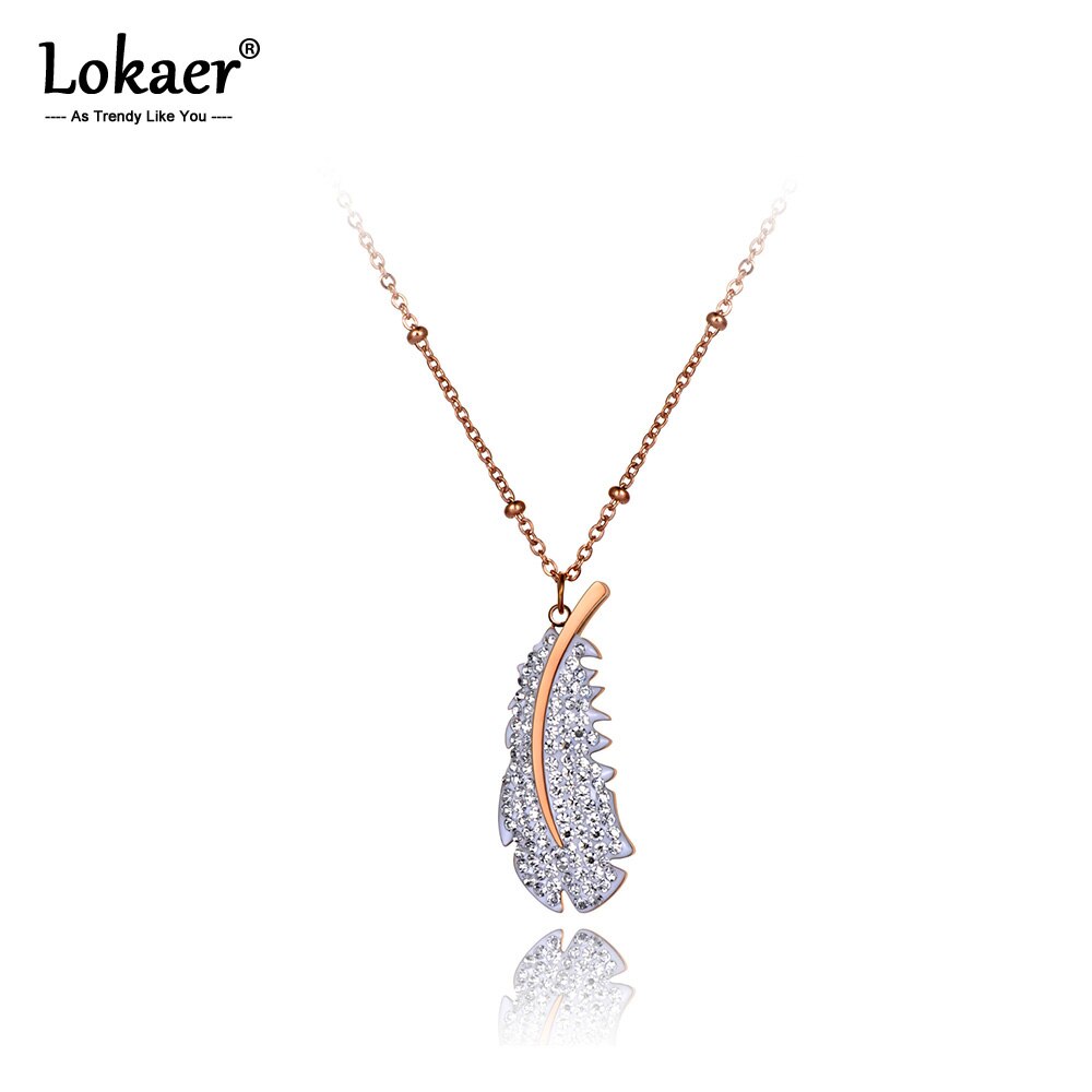 Lokaer Rose Gold Titanium Stainless Steel Feather Charm Choker Necklaces Bohemia CZ Crystal Pendant Necklace For Women N20009