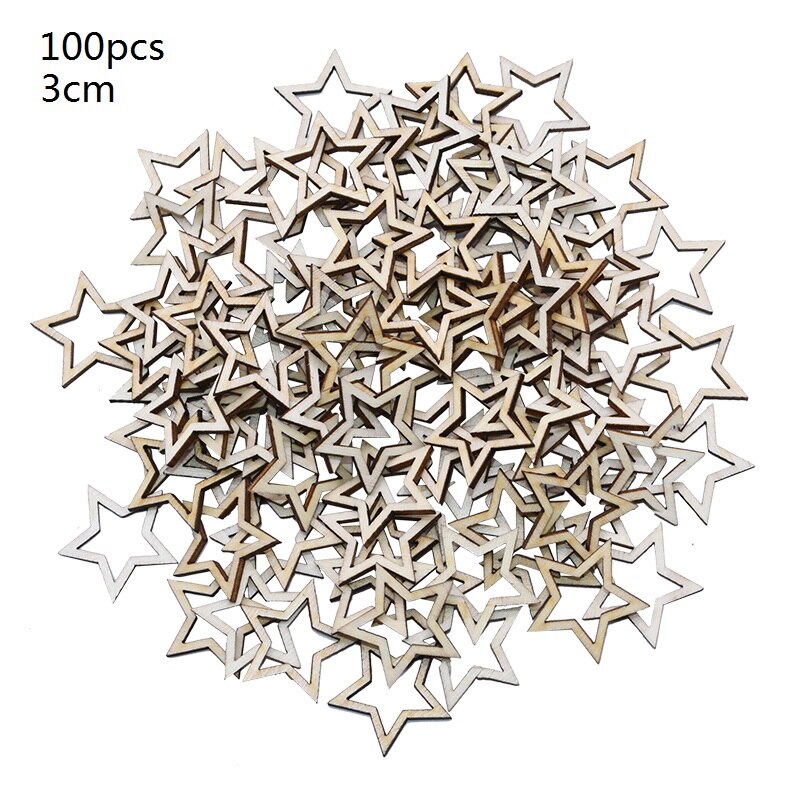 Lot de 1/2/3cm 100 en forme d'étoile en bois, cœur, vintage, chic, pour scrapbooking, décoration de table de mariage, saint-valentin: 3cm étoiles