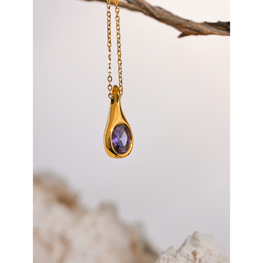 Yhpup paarse zirconia roestvrij staal waterdruppel CZ hanger mode ketting delicate vrouwen chique sieraden cadeau