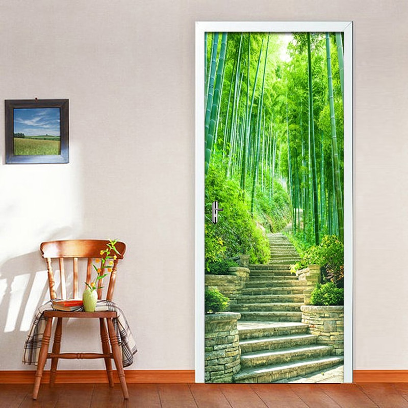 2Pcs/Set Bamboo Forest Steps Wall Door Sticker DIY Self-adhesive Waterproof Wallpaper Decals Home Decoration Door Wall Stickers