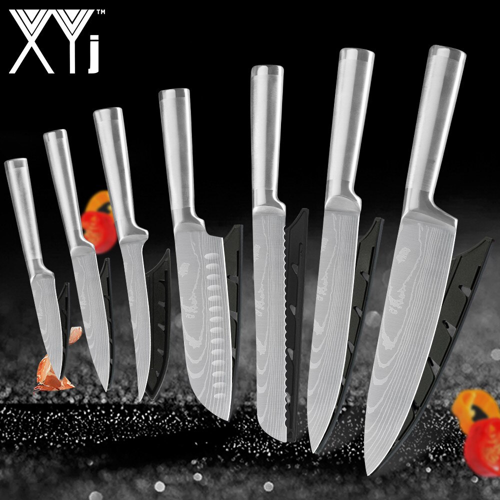 Xyj köksknivar set 7 cr 17 knivar i rostfritt stål fruktverktyg santoku kock skiva bröd matlagningskniv knivöverdrag