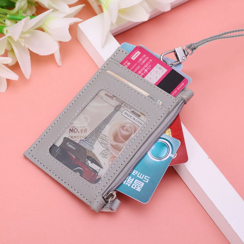 Women Business Card Holder Wallet Men PU Leather ID Cards Holders Case Neck Strap Lanyard Ladies Mini Slim Wallets Y3NE