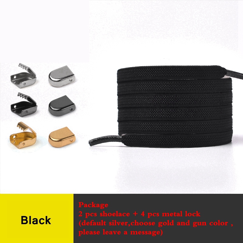 Lacets élastiques rapide sans nœuds à fermoir en métal pour chaussures, lacet plat pour baskets, chaussure de sécurité pour enfants ou adultes unisexes, 1 paire: Black