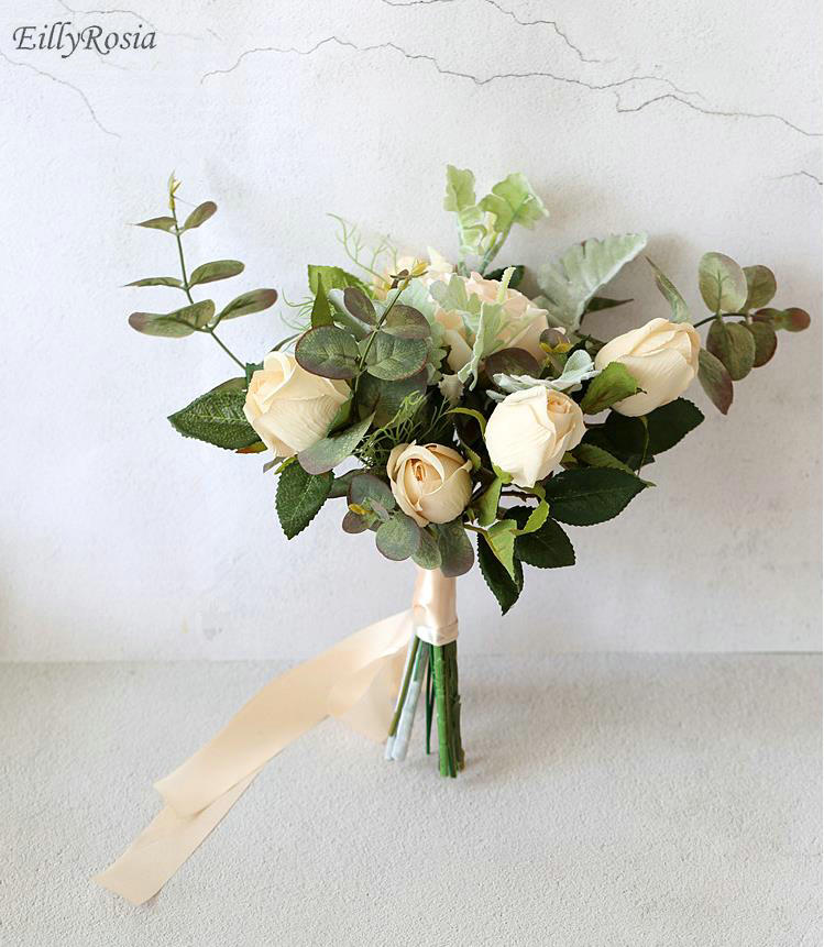Ramos de novia Kleine Size Bruidsboeket voor Bruidsmeisje Bloem Meisjes Handgemaakte Rozen Eucalyptus Kunstmatige Bruiloft Bloemen