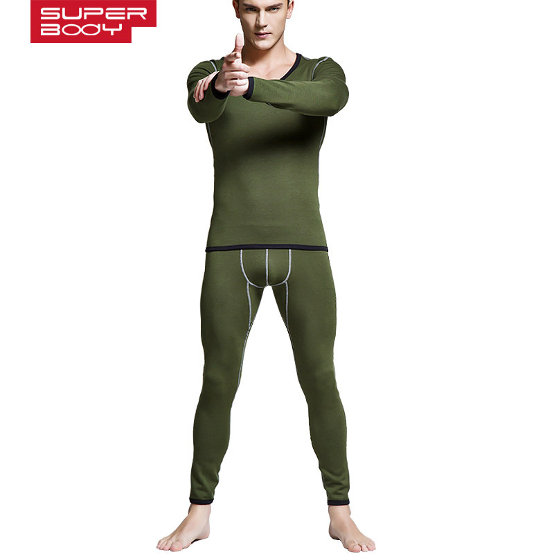Ensemble thermique en coton doux pour hommes, avec ajout de velours, épaississement, d'hiver, , Long (pour costume): vert militaire / L