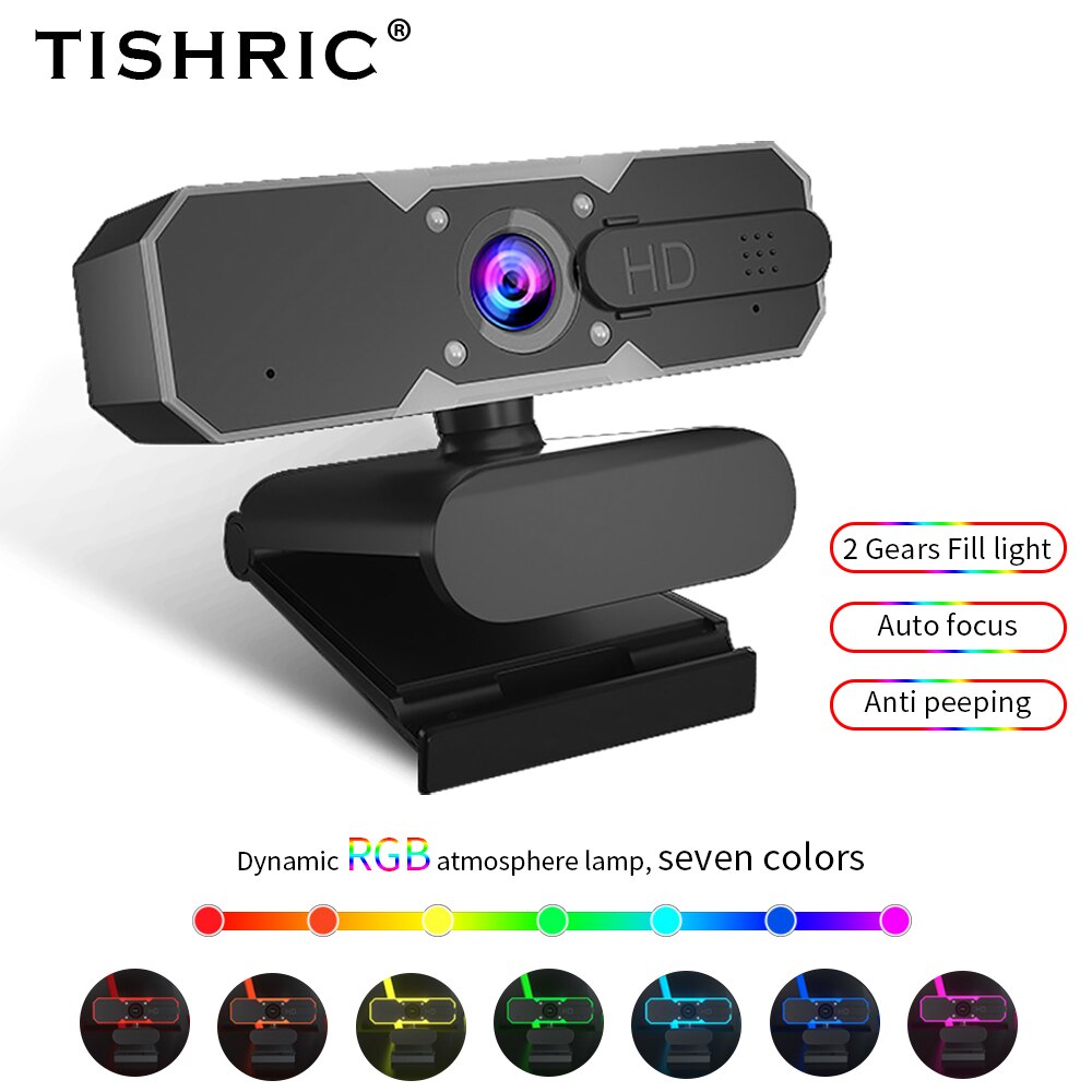 TISHRIC Fill Light Camera Live Game USB Camera RGB Atmosphere Lamp Web Camera with Microphone 1080P Webcam Autofocus Web Cam