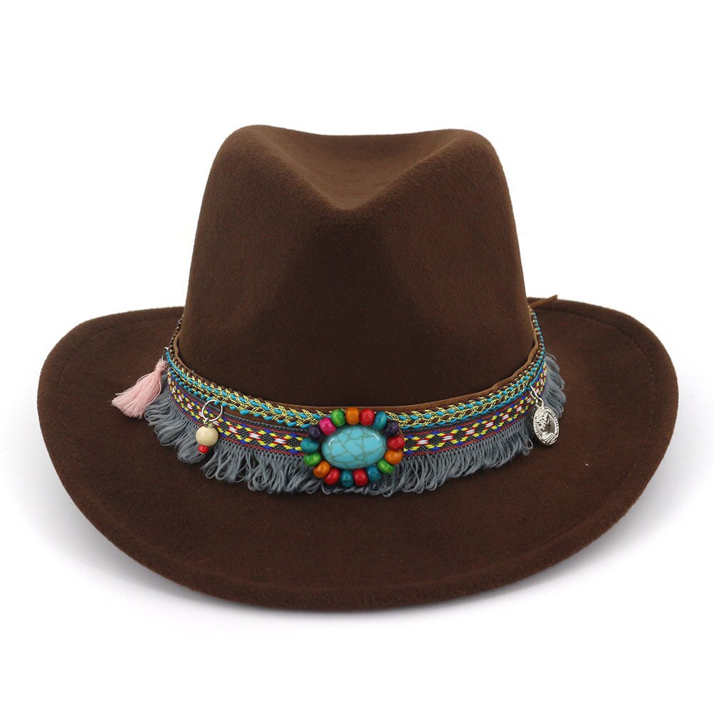 Sombrero de lana ahuecado para mujer, Sombrero de cowboy del oeste, con ala ancha enrollable, capucha, Sombrero ecuestre de Jazz con cinta de estilo nacional AD0853: Color chocolate