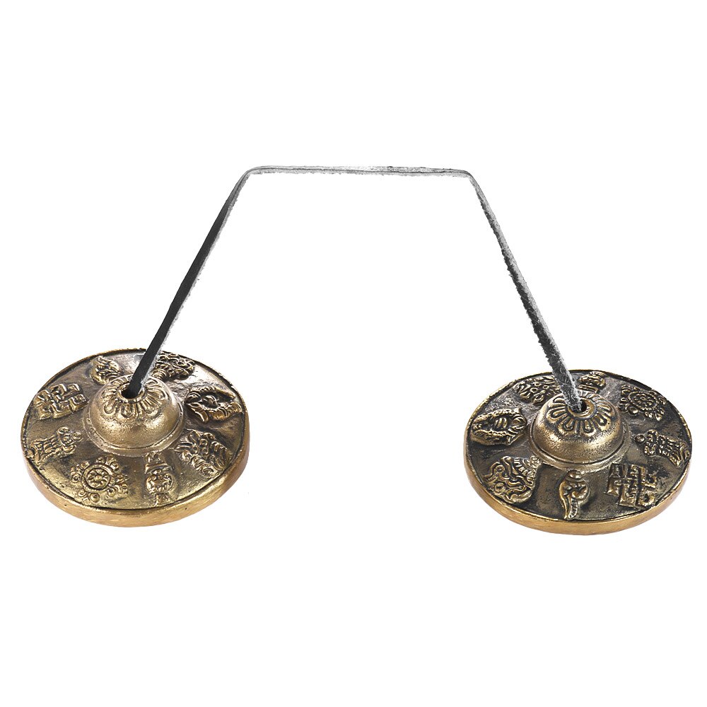 Campana de platillo Tingsha de meditación tibetana hecha a mano, 2.6 pulgadas/6,5 cm, con los ocho símbolos favorecedores budistas