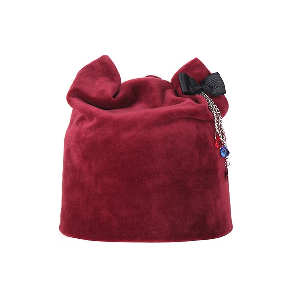 Wintermutsen dames muts effen kleur zacht voor de herfst fluwelen flanellen muts casual schattige strik voor meisjes skullies pet: Bordeauxrood