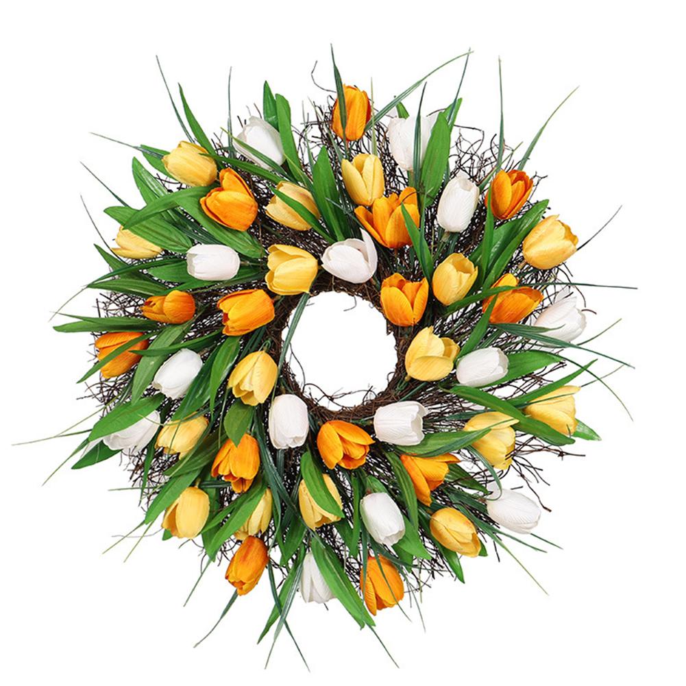 Tulip Wreath for Front Door Artificial Flower Tulip Floral Spring Wreath Red Yellow Tulip Wreaths for Front Door Party Wedding: Light yellow 30cm