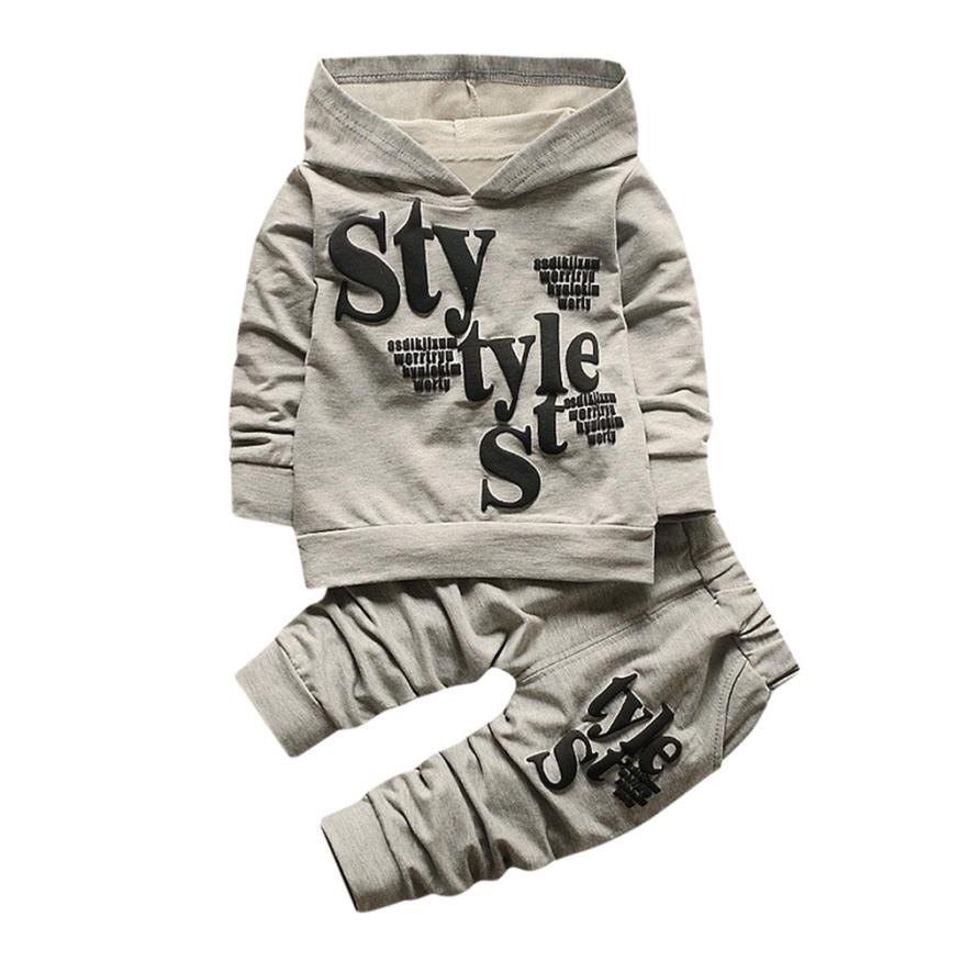 2 pçs da criança do bebê roupas de inverno estilo menino carta impressão capa topos padrão calças definir roupas legal estilo moda roupas menina: Cinza / 5 T