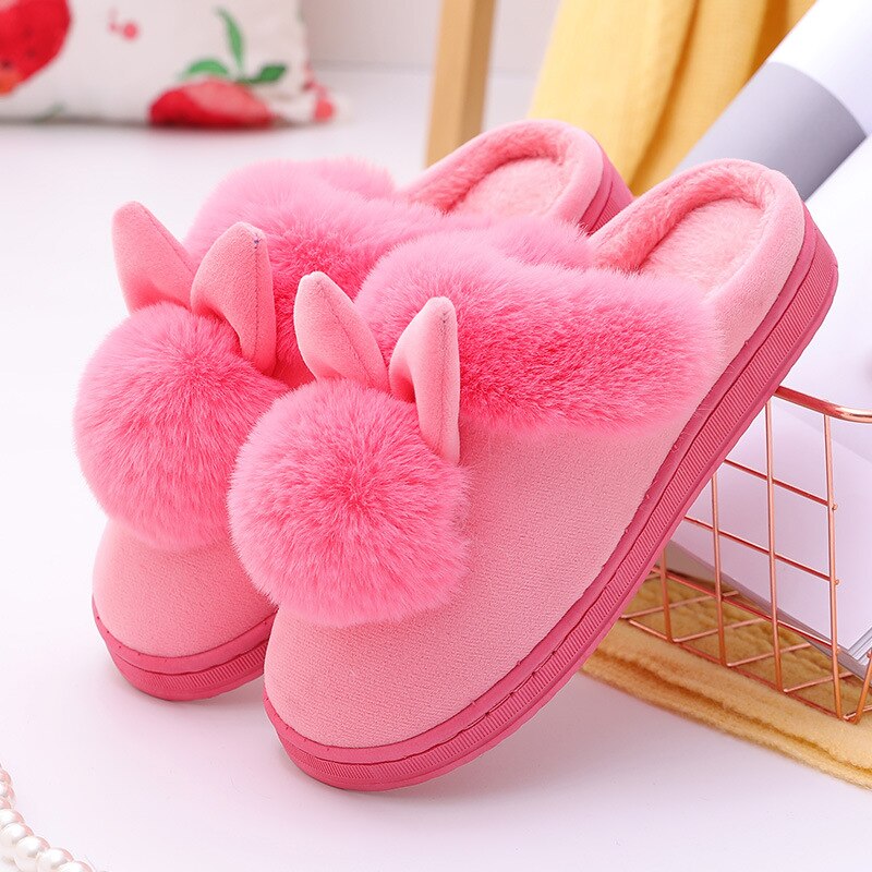 Rabbit Fur Slippers Women Winter Warmth Thickened Sole Indoor Wooden Floor Soft Home Slippers Cotton Shoes Women: Pink / 40-41