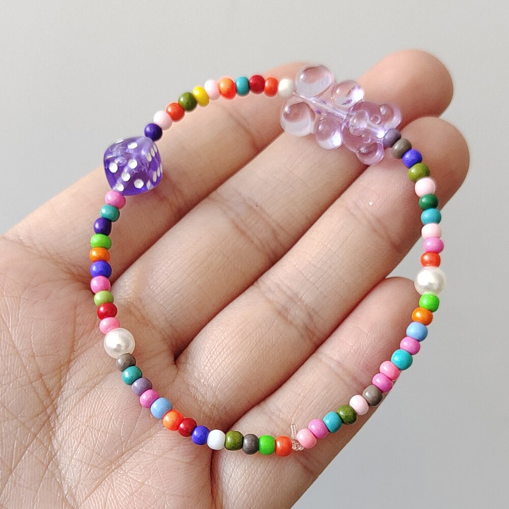 ZX-pulsera con cuentas de resina transparente para mujer, brazalete con cuentas de oso de goma, colorido, étnico, bohemio, , joyería INS: purple