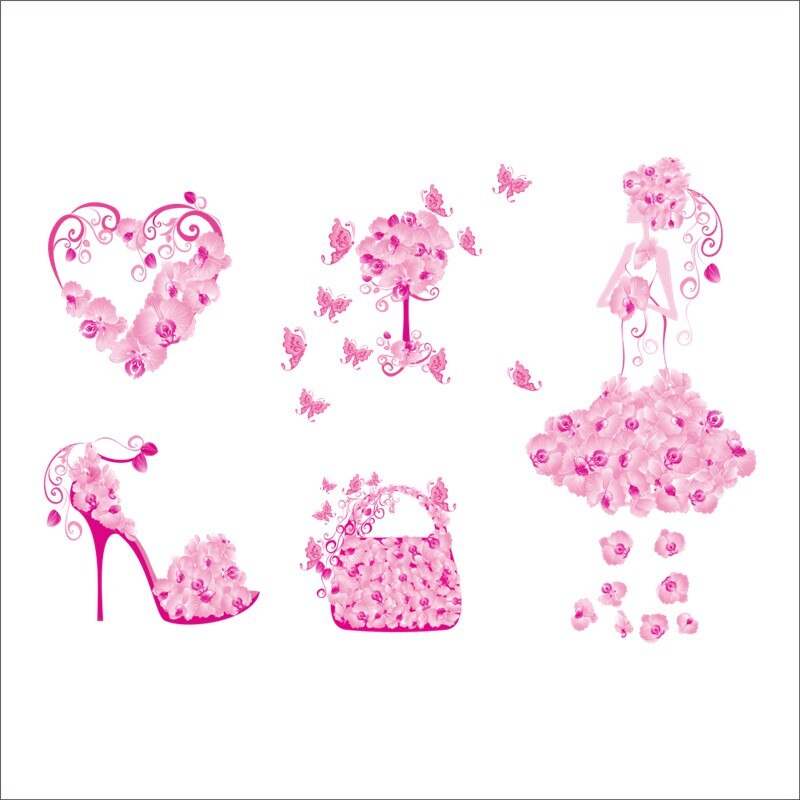 Elegante Bloem Meisje Zak Schoenen Vlinders Pvc Muurstickers Voor Kinderkamer Home Decor Art Diy Afneembare Decals Meisje &#39;S